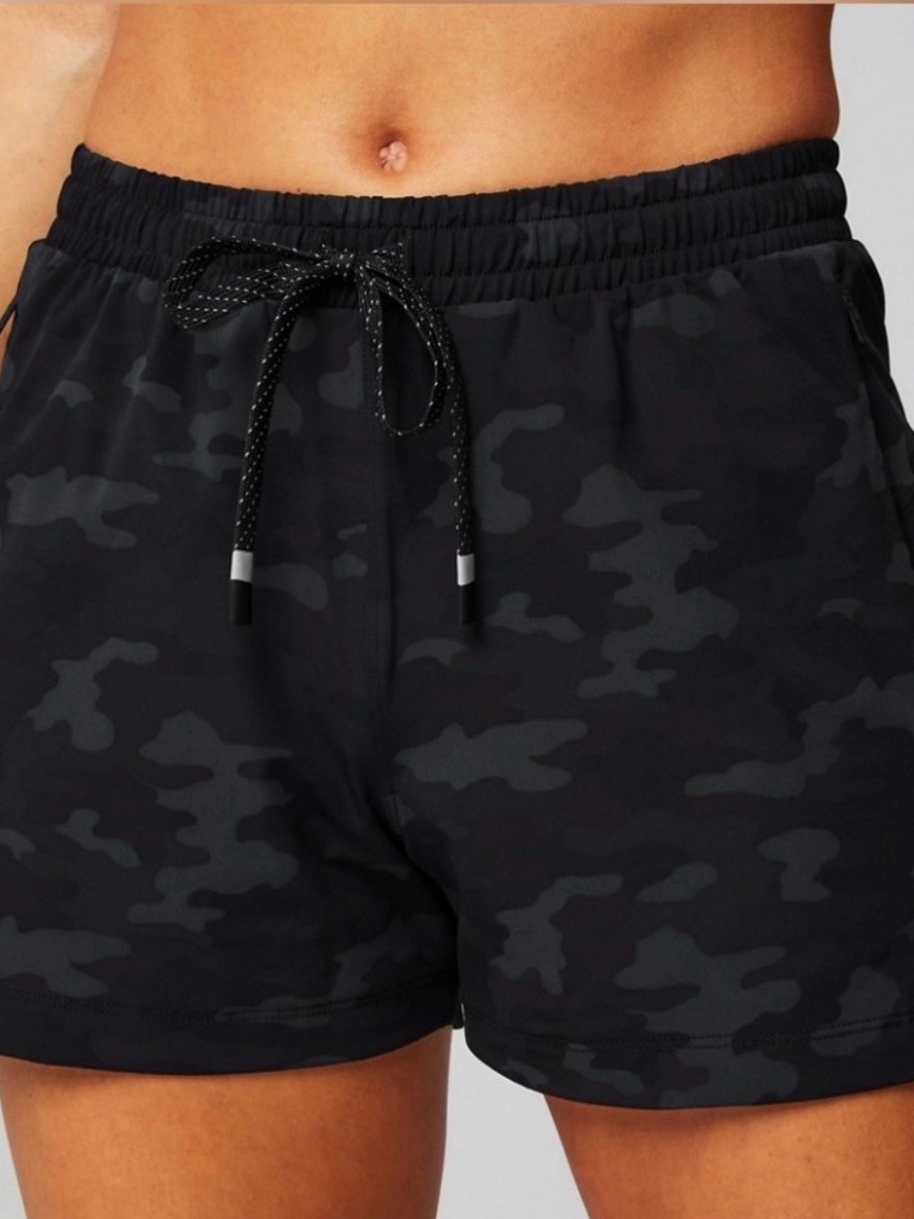 Fabletics Women's Black & Gray Camo Performance Shorts with pockets